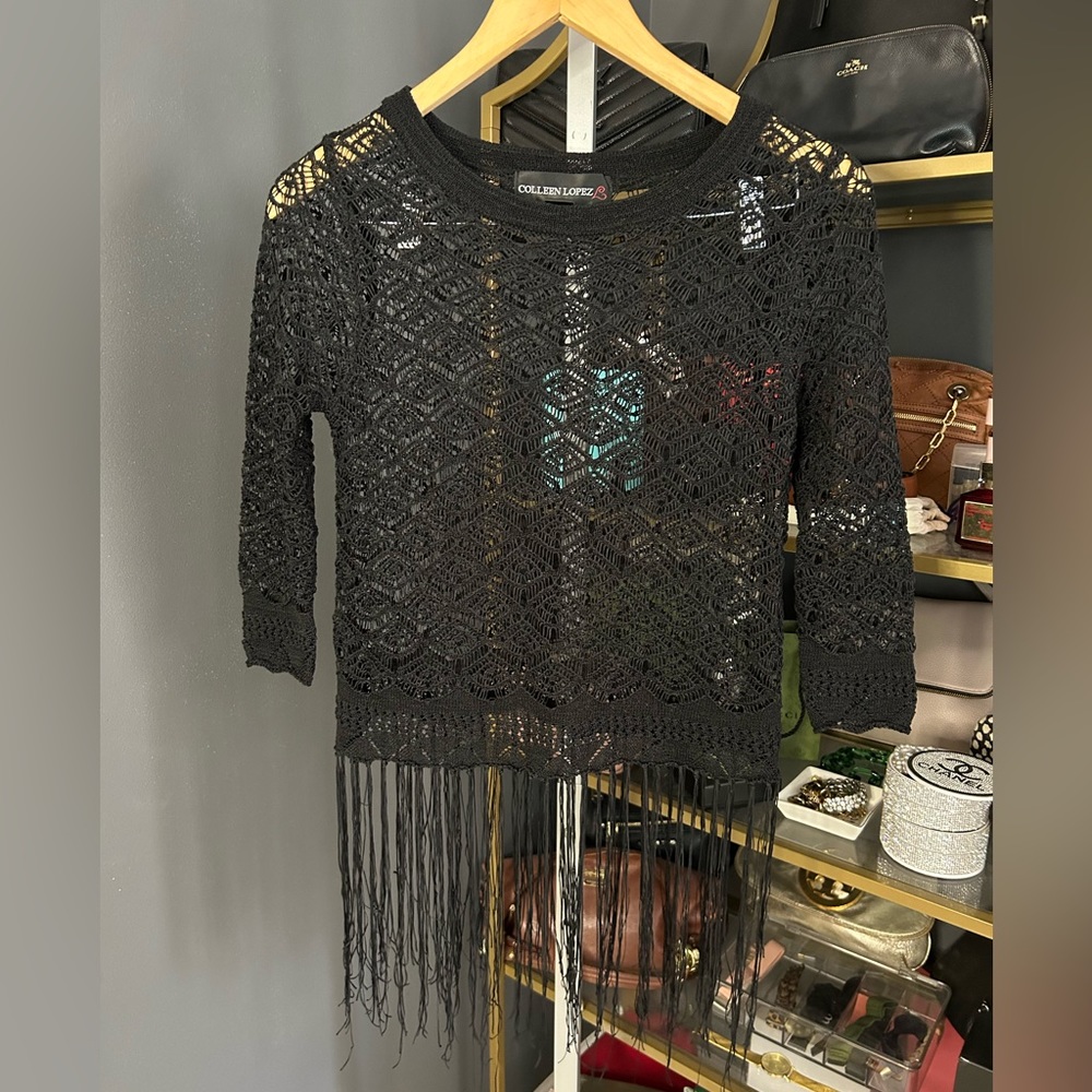 Colleen Lopez Black Lace Topper with Fringe XS 3/4 sleeves